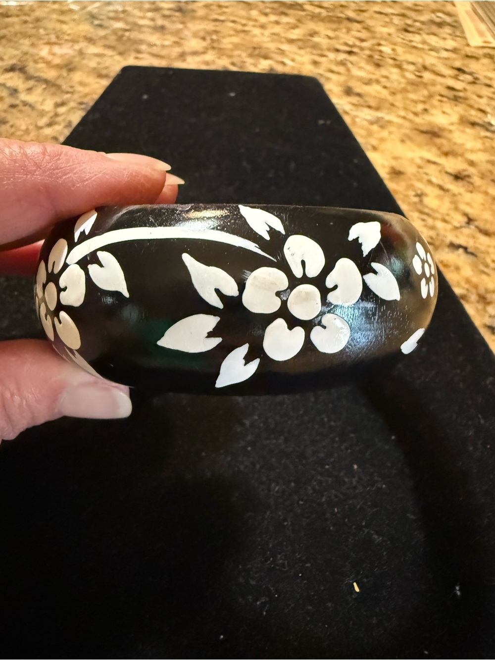 Vintage Black Wooden Bangle Bracelet with Painted White Floral Design